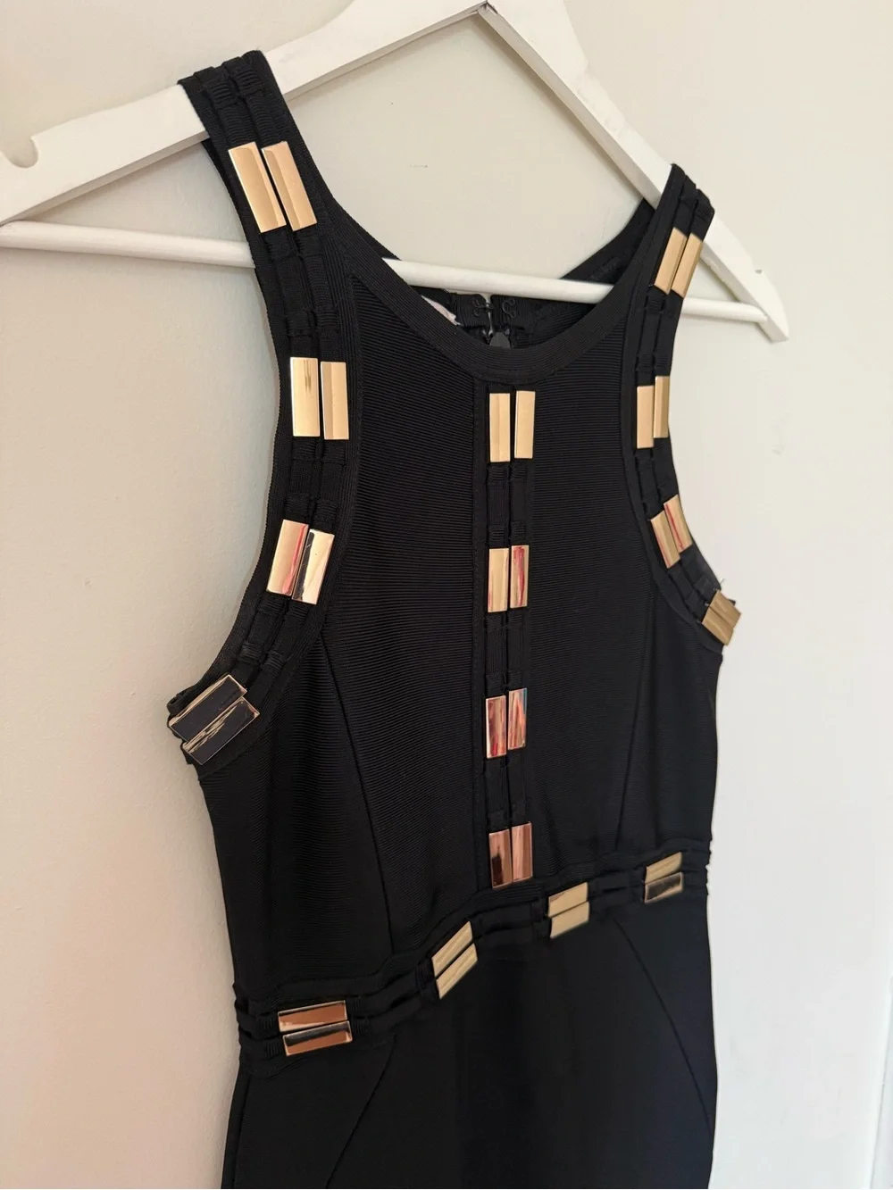 House of CB Black Sleeveless Midi bandage Dress with Champaign gold  Accent - Picture 2 of 5
